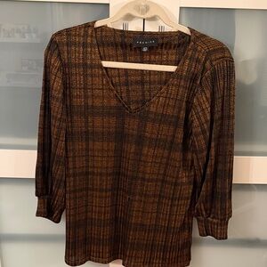 Premise Brown Plaid V-Neck Long Sleeve Top